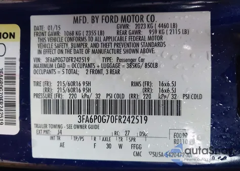 2015 Ford Fusion S z USA, uszkodzony, nr VIN 3FA6P0G70FR242519